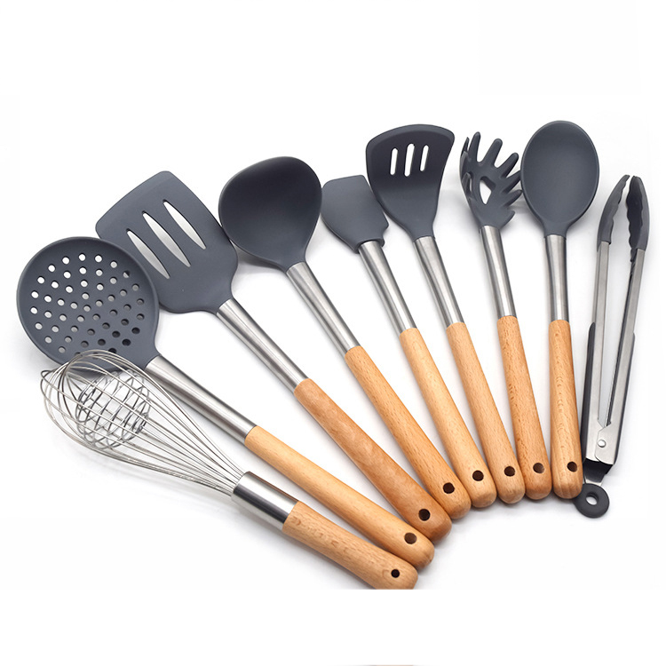 Wooden Handle Silicone Kitchenware 9 pcs Set