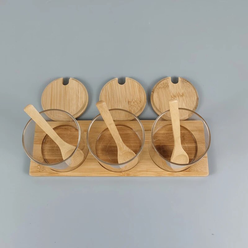 Glass and Wood Storage Jars Set with Spoon
