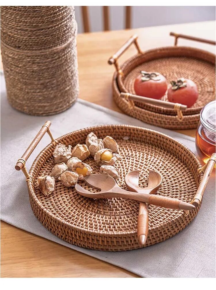 Woven Rattan Tray with Wooden Handles