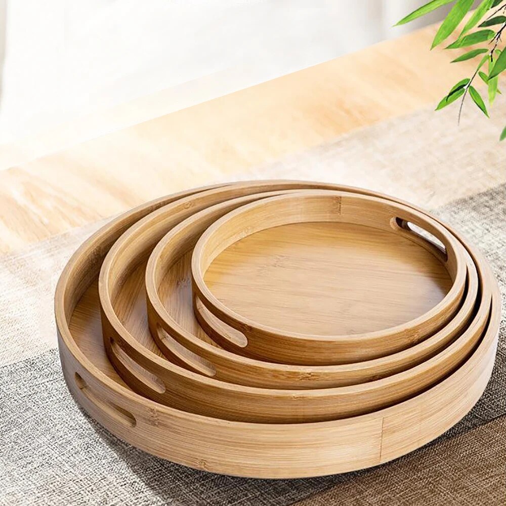 Solid Wood Round Serving Tray with Handles