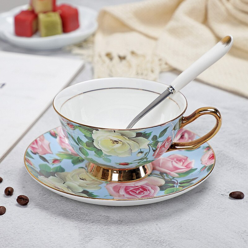 Floral Pattern Porcelain Tea Cup, Saucer and Spoon