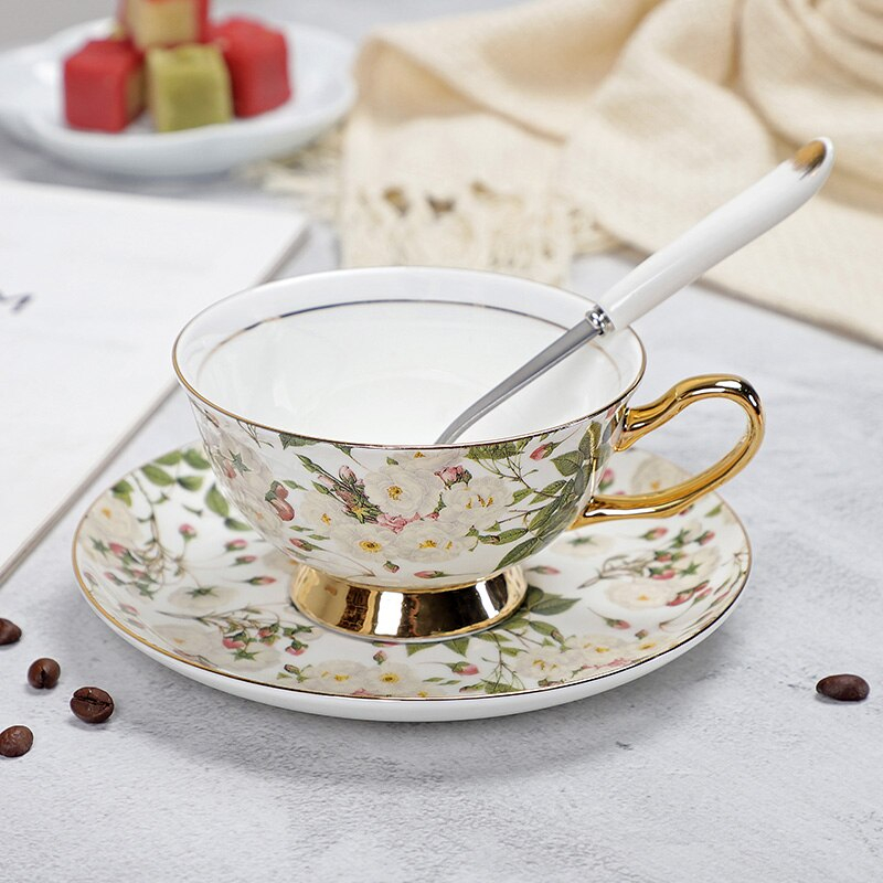 Floral Pattern Porcelain Tea Cup, Saucer and Spoon