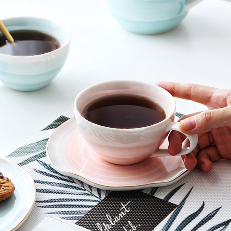 Pink Ceramic Porcelain Cup and Saucer Set