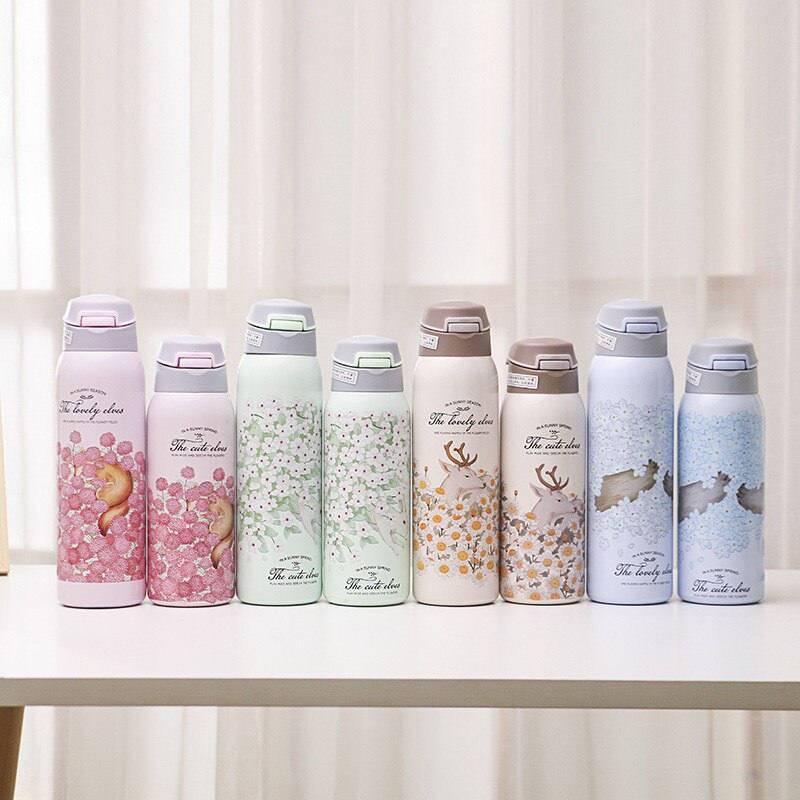Floral Double Wall Water Bottle with Straw
