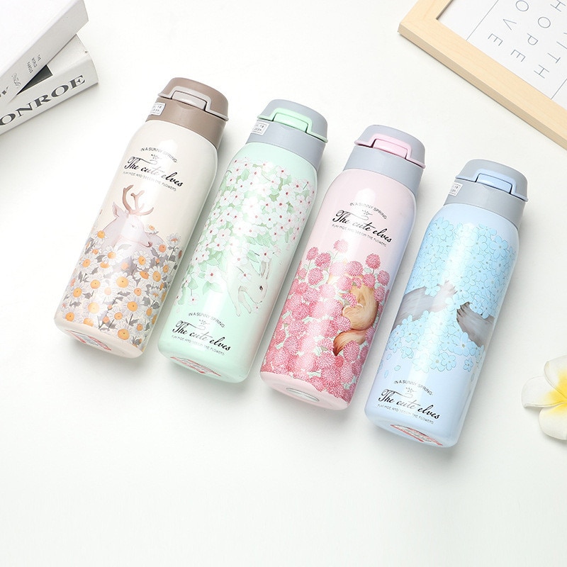 Floral Double Wall Water Bottle with Straw