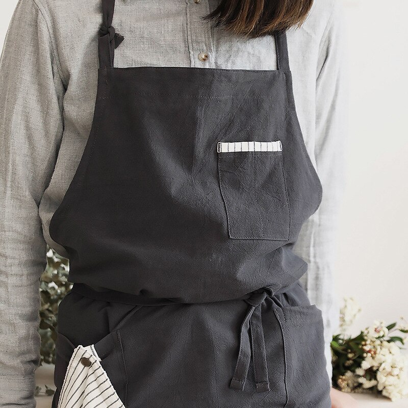 Solid Linen Bib Apron with Pockets for Cafe Barista