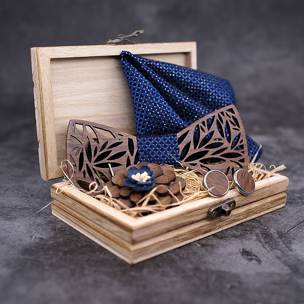 Men's Wooden Bow Tie, Handkerchief, Cufflinks and Brooch Set