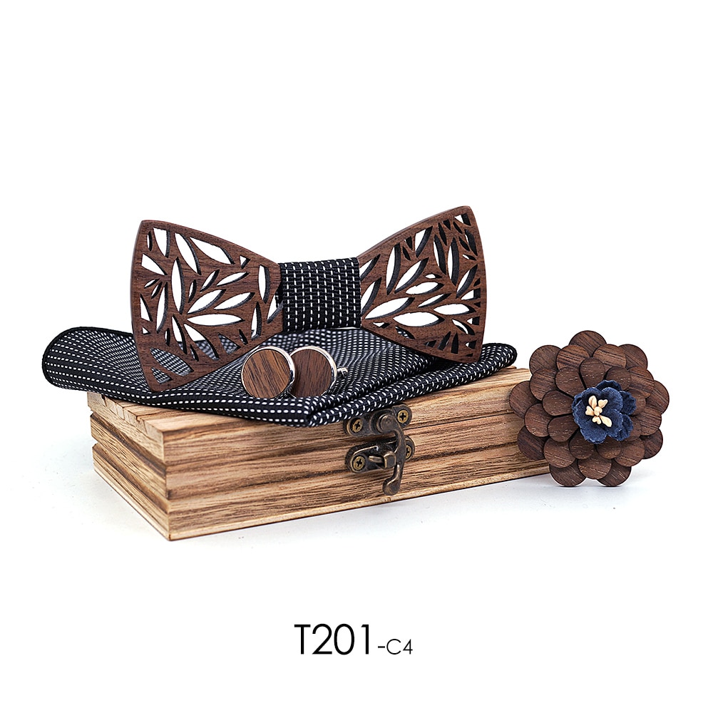 Men's Wooden Bow Tie, Handkerchief, Cufflinks and Brooch Set