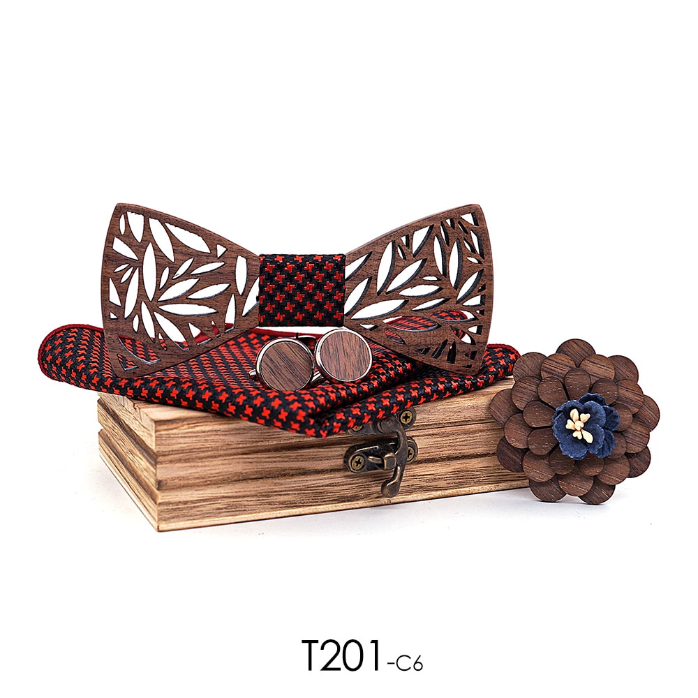 Men's Wooden Bow Tie, Handkerchief, Cufflinks and Brooch Set