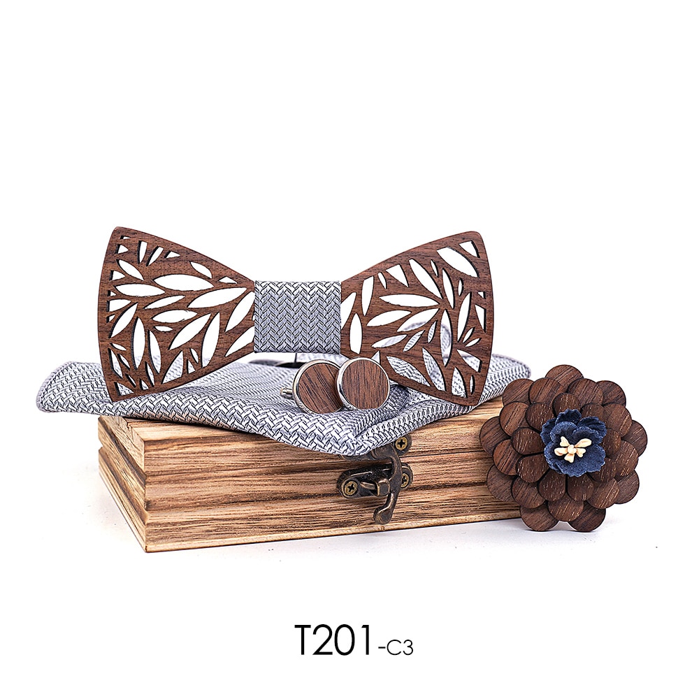 Men's Wooden Bow Tie, Handkerchief, Cufflinks and Brooch Set