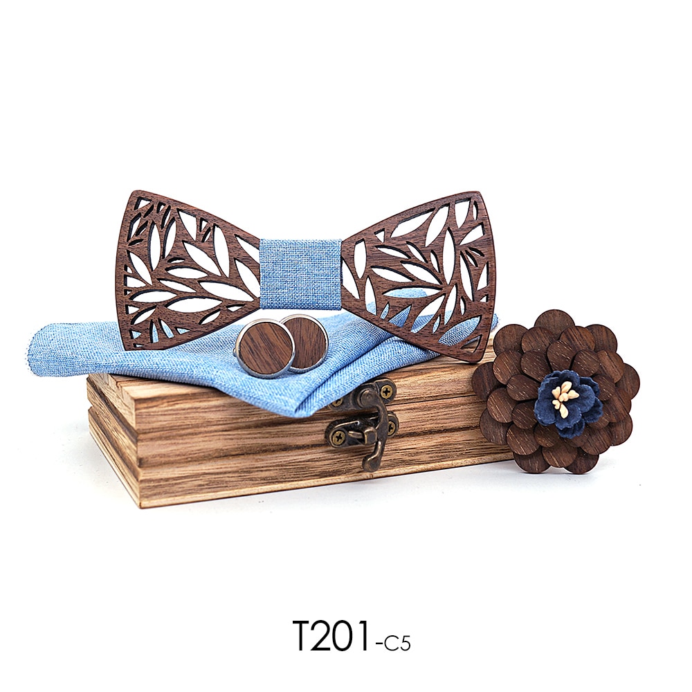 Men's Wooden Bow Tie, Handkerchief, Cufflinks and Brooch Set