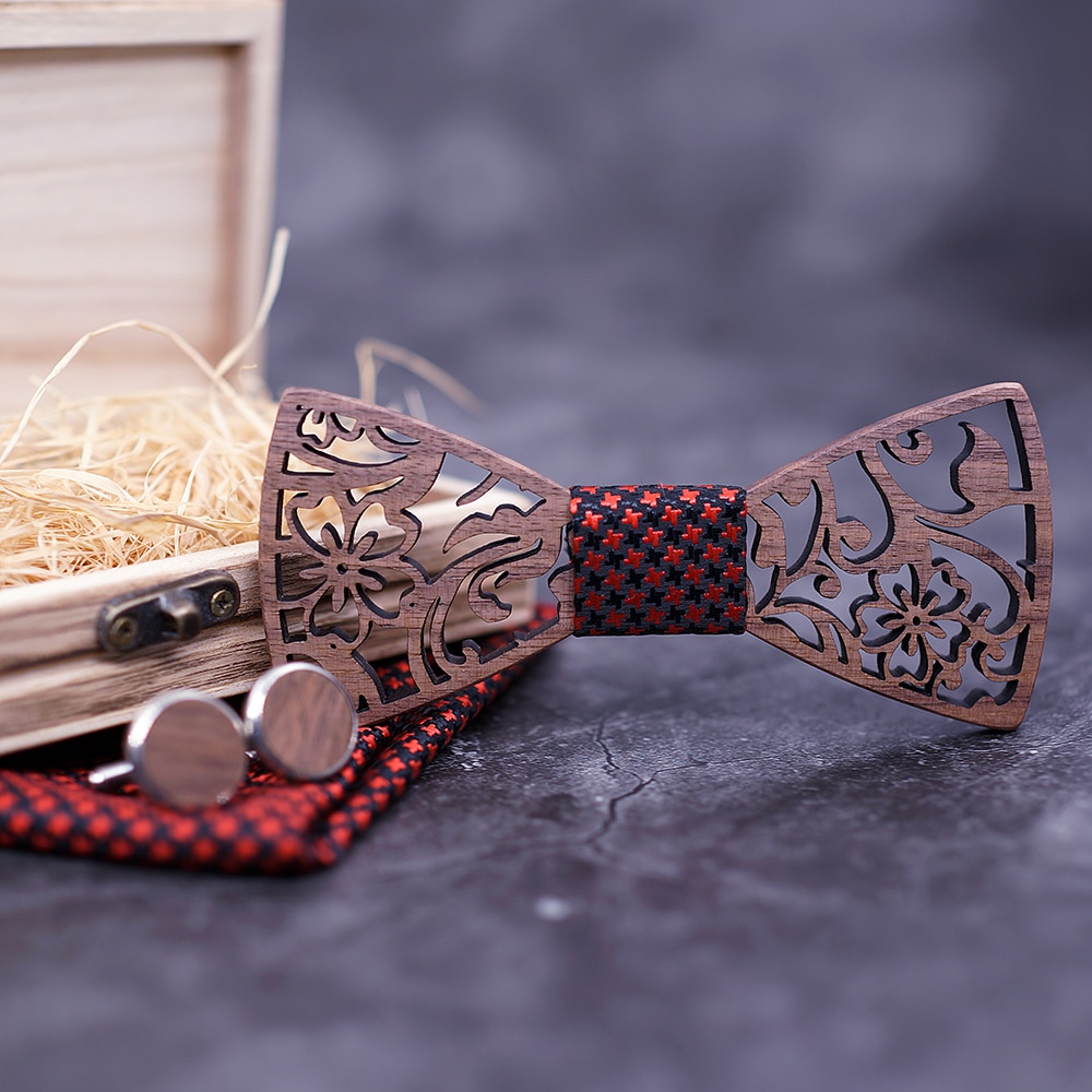 Men's Wooden Bow Tie, Handkerchief and Cufflinks Set