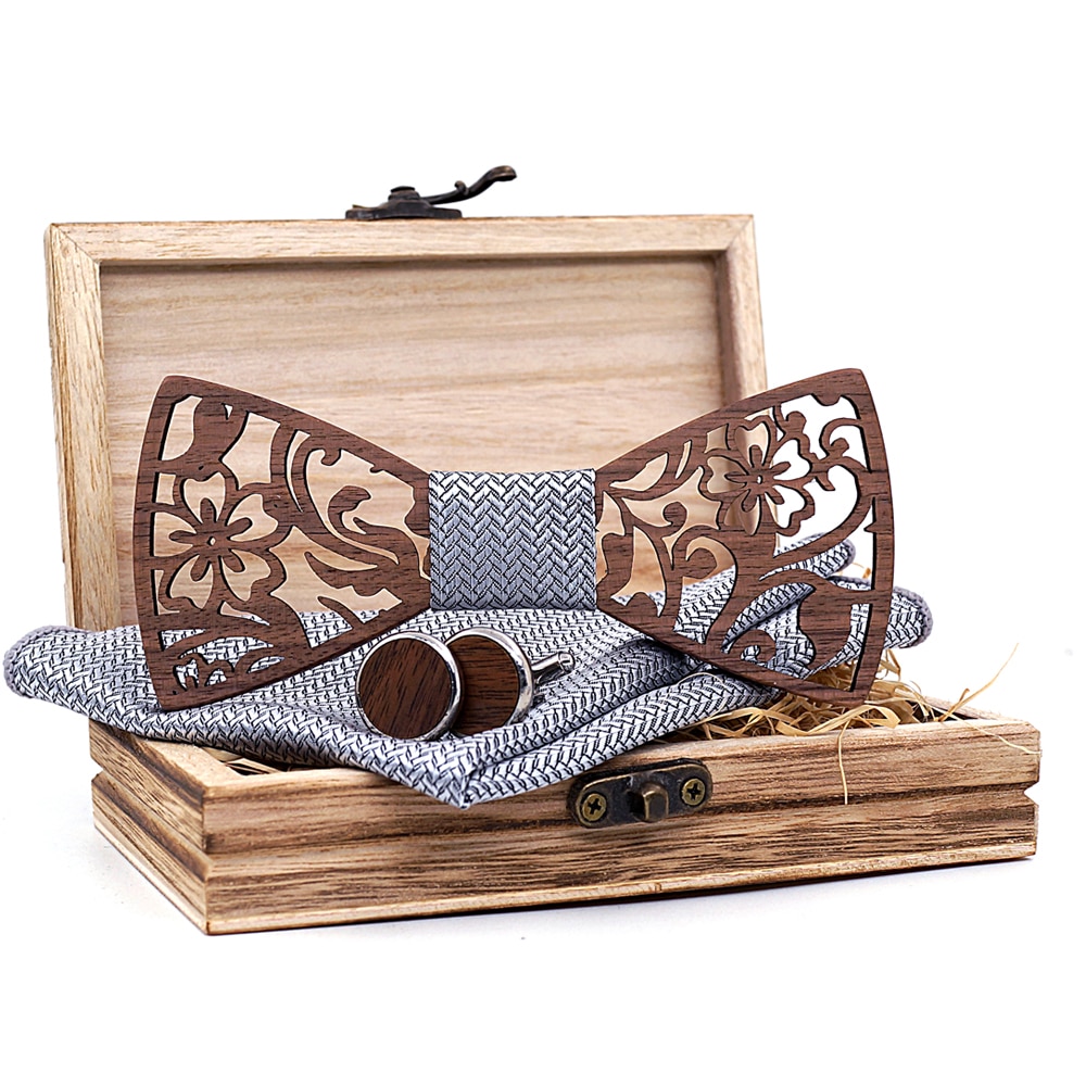 Men's Wooden Bow Tie, Handkerchief and Cufflinks Set