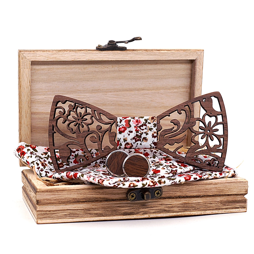 Men's Wooden Bow Tie, Handkerchief and Cufflinks Set