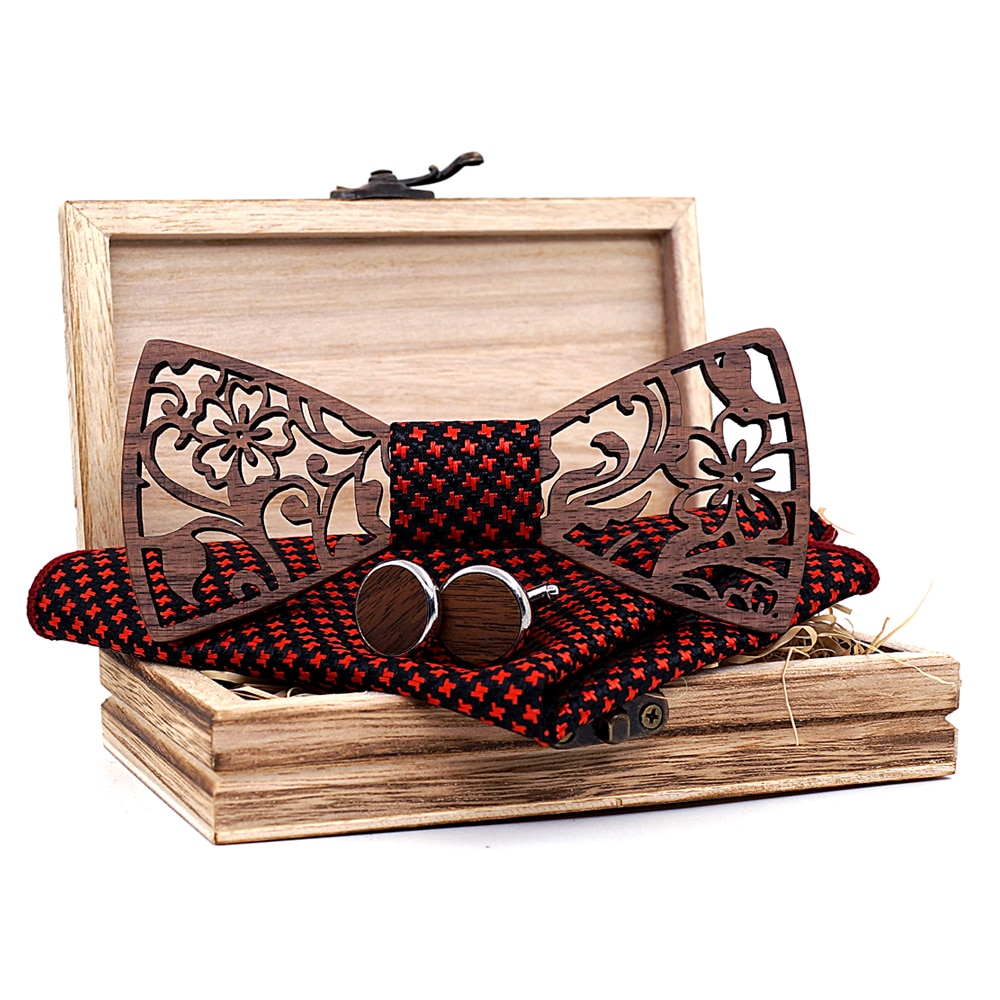 Men's Wooden Bow Tie, Handkerchief and Cufflinks Set