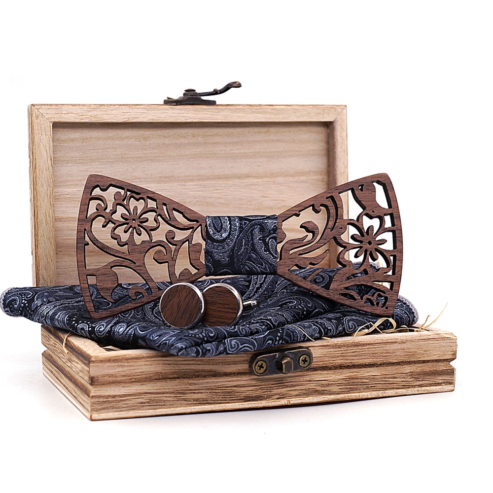 Men's Wooden Bow Tie, Handkerchief and Cufflinks Set