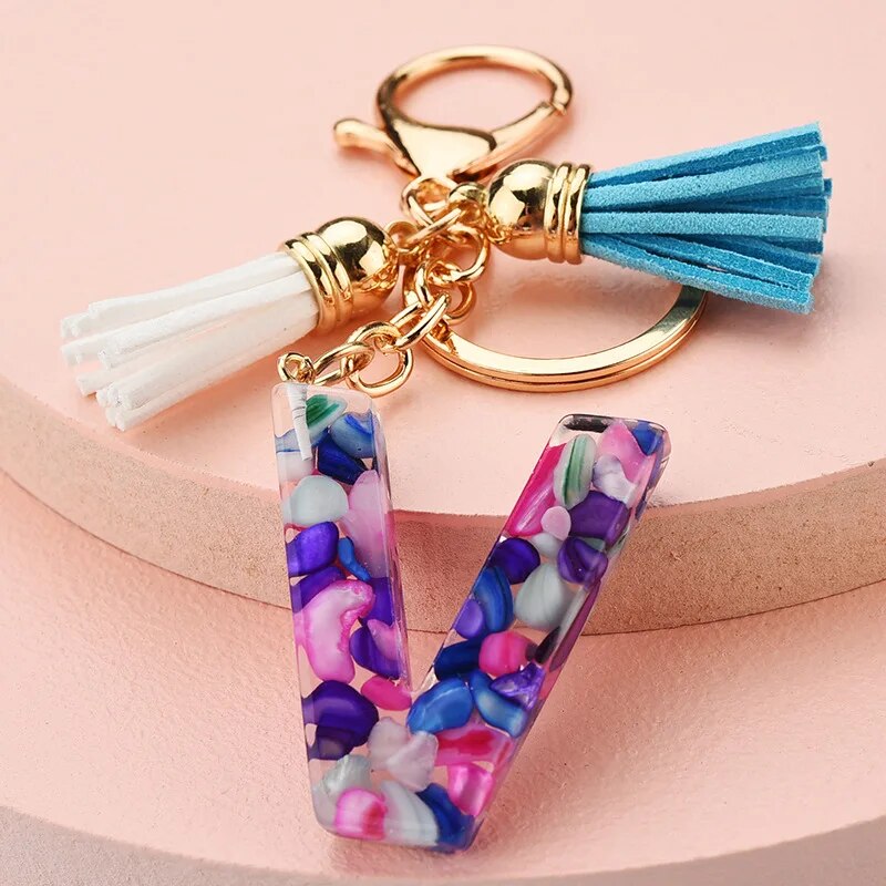 Colorful Resin Letter Key Ring with Tassel