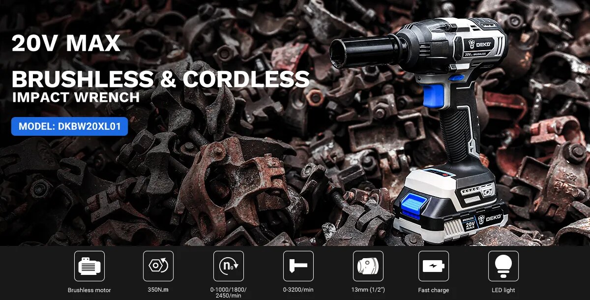 DEKO 20V Brushless Wrench Brushless Cordless Drill Mini Electric Screwdriver 350N.m Impact Wrench for Home DIY