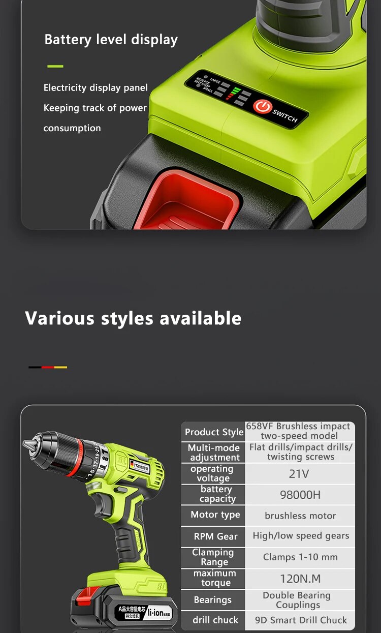 YingEyes 21V Manual Drill Rechargeable Electric Driver Lithium Battery Household Multi-Function Two-Speed Power Tools