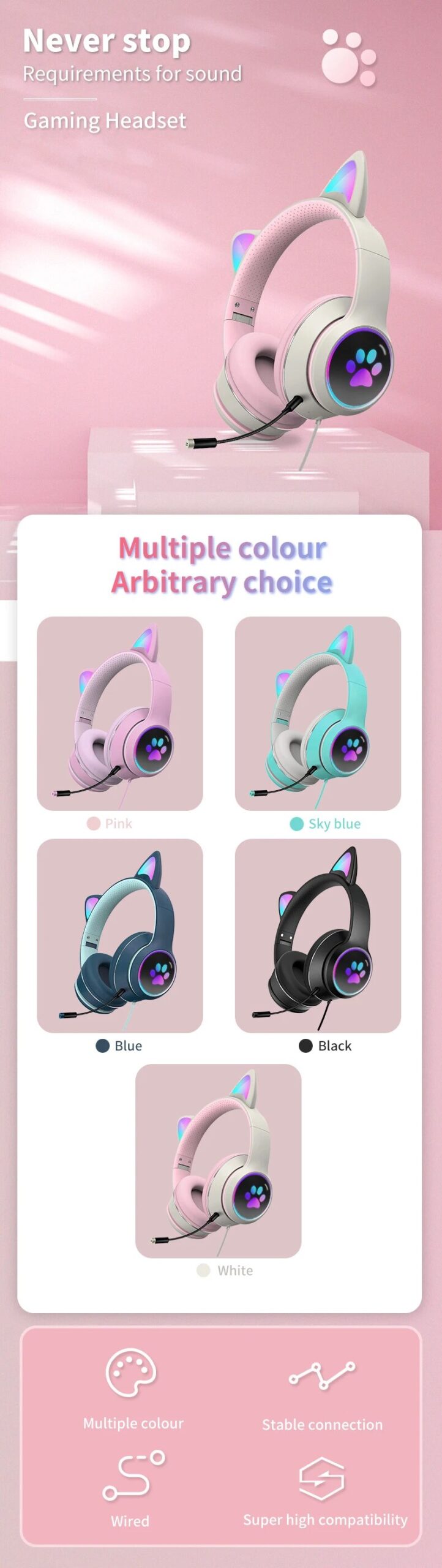 Cat Ear Gamer Headset with Bracelet