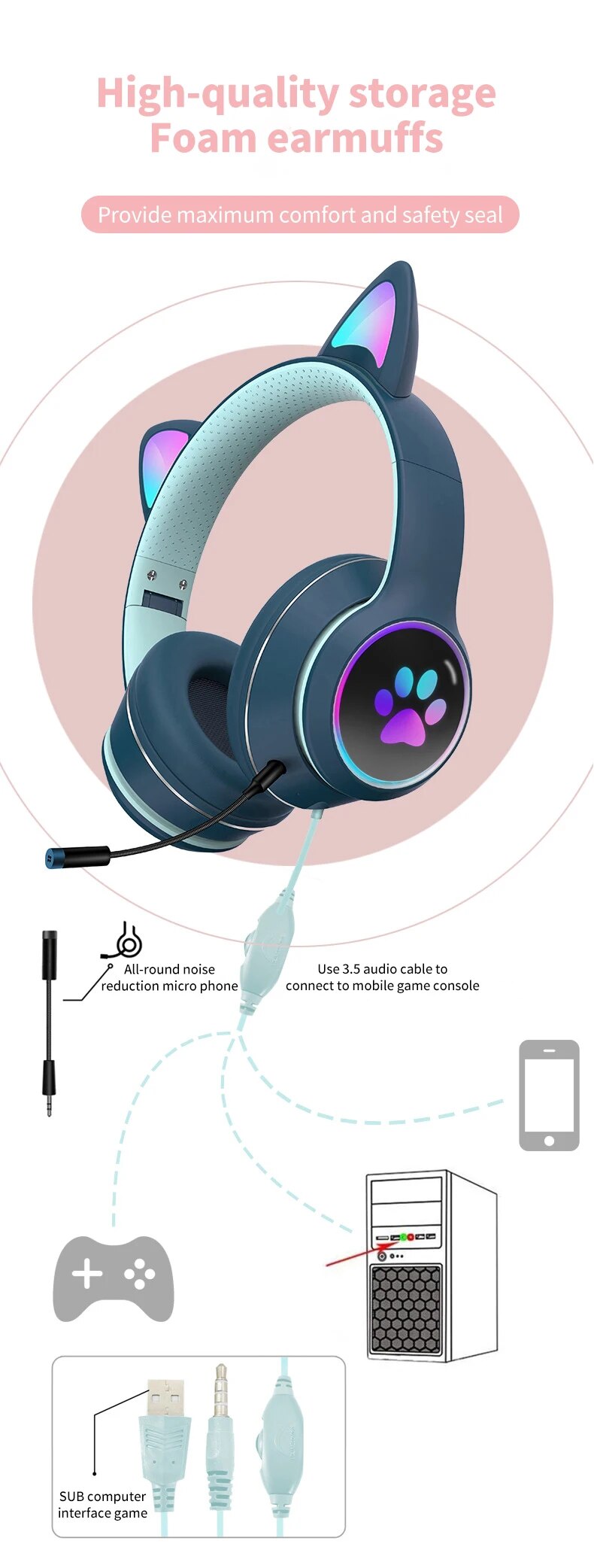 Cat Ear Gamer Headset with Bracelet