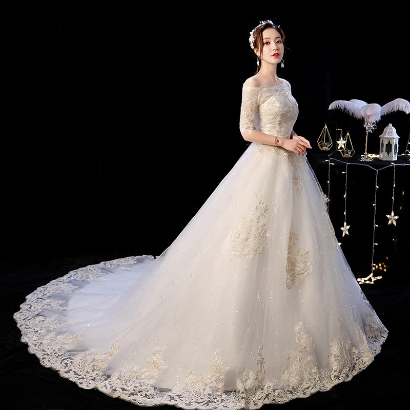 Elegant Boat Neck Champagne Wedding Dress for Women