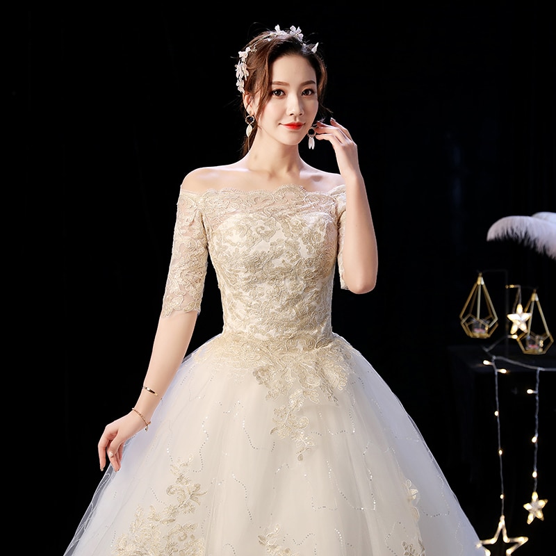 Elegant Boat Neck Champagne Wedding Dress for Women