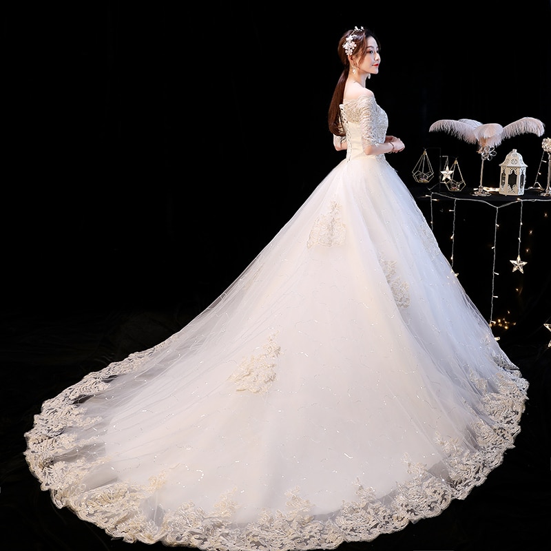 Elegant Boat Neck Champagne Wedding Dress for Women