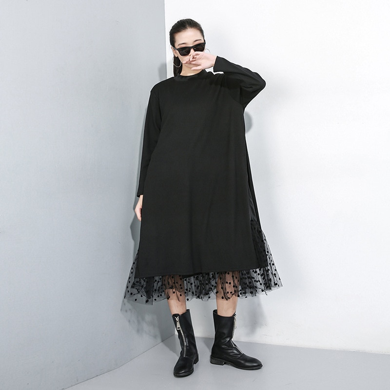 Women's Black Mesh Split Joint Dress with Stand Collar