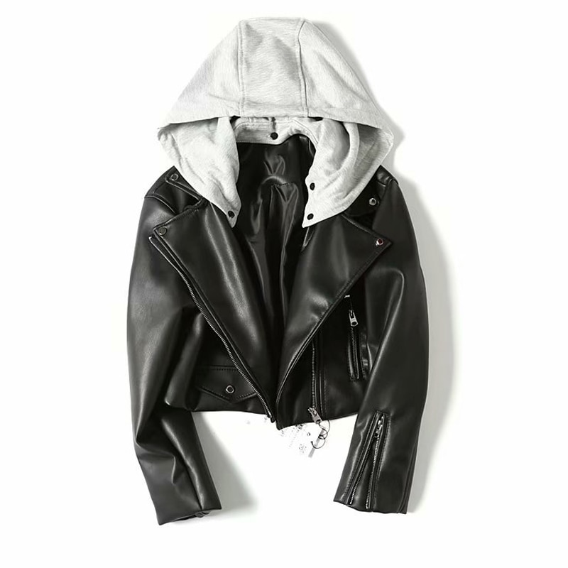 Black Women's Leather Jacket with Hood