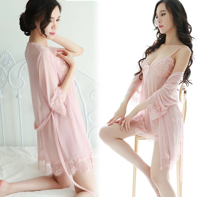 Women's Lace Robe, Nightdress and Panties 3 Pcs Set