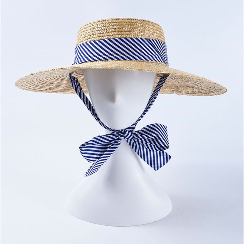Women's Wheat Straw Boater Hat with Striped Ribbon