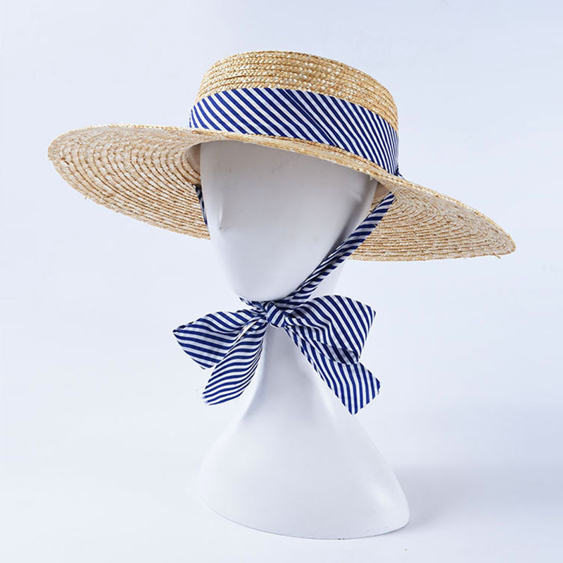 Women's Wheat Straw Boater Hat with Striped Ribbon