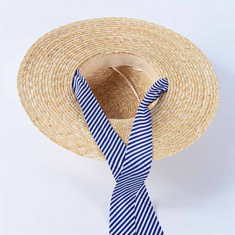 Women's Wheat Straw Boater Hat with Striped Ribbon