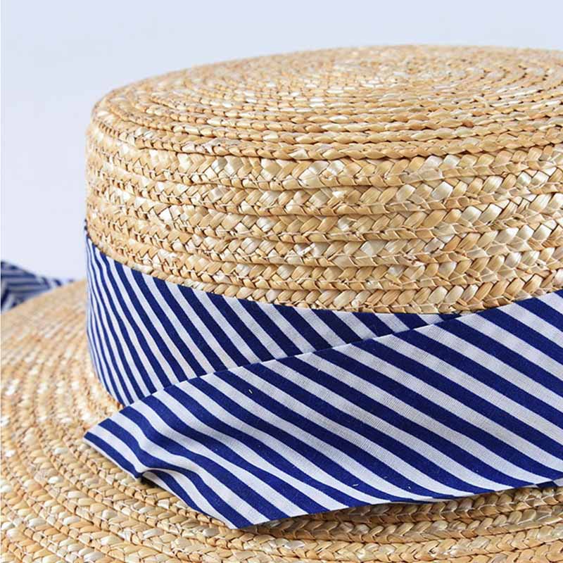 Women's Wheat Straw Boater Hat with Striped Ribbon