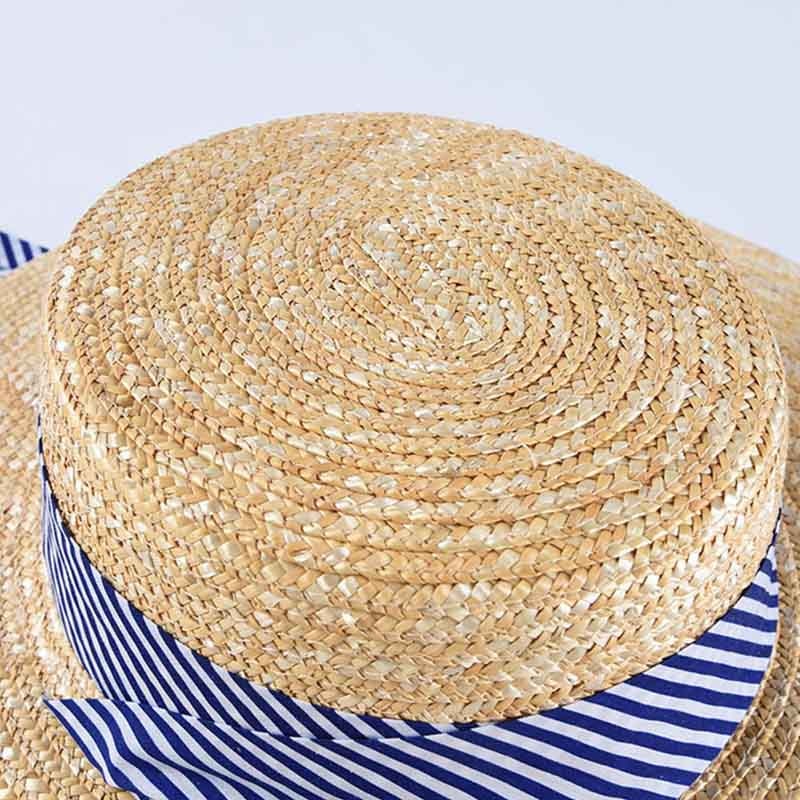 Women's Wheat Straw Boater Hat with Striped Ribbon