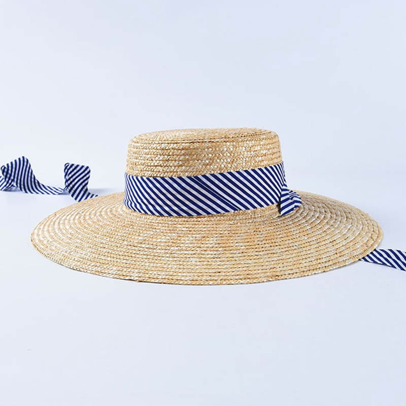 Women's Wheat Straw Boater Hat with Striped Ribbon