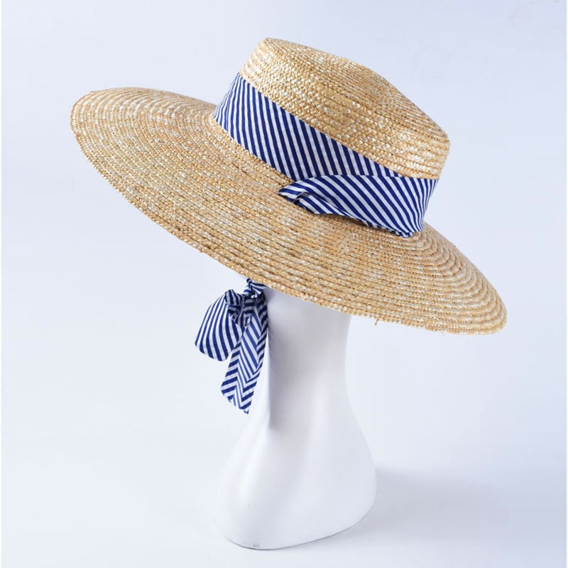 Women's Wheat Straw Boater Hat with Striped Ribbon