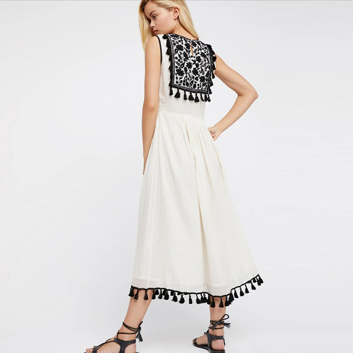 Hand Embroidered Tassel Midi Dress