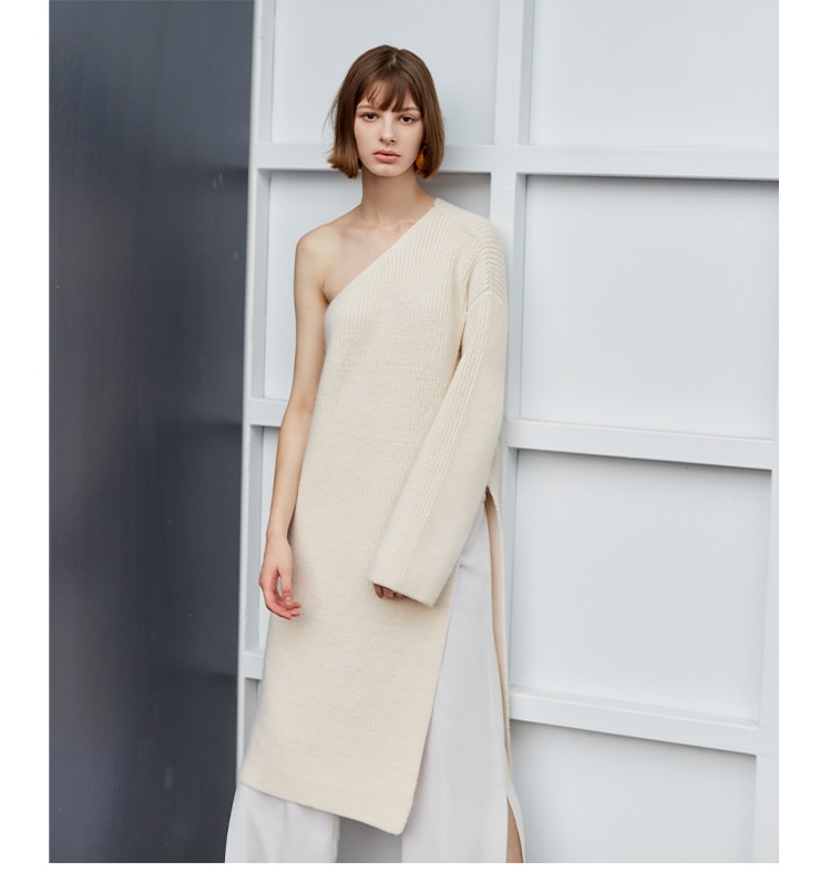 Long Sleeve Knitted One Shoulder Sweater Dress