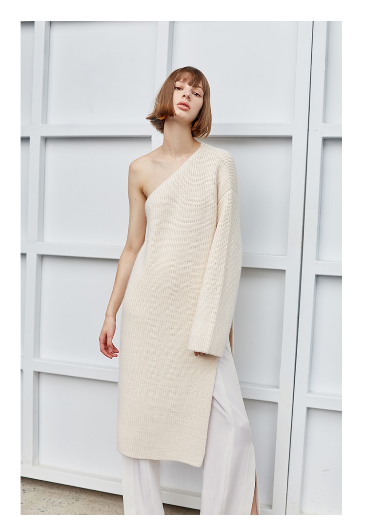 Long Sleeve Knitted One Shoulder Sweater Dress