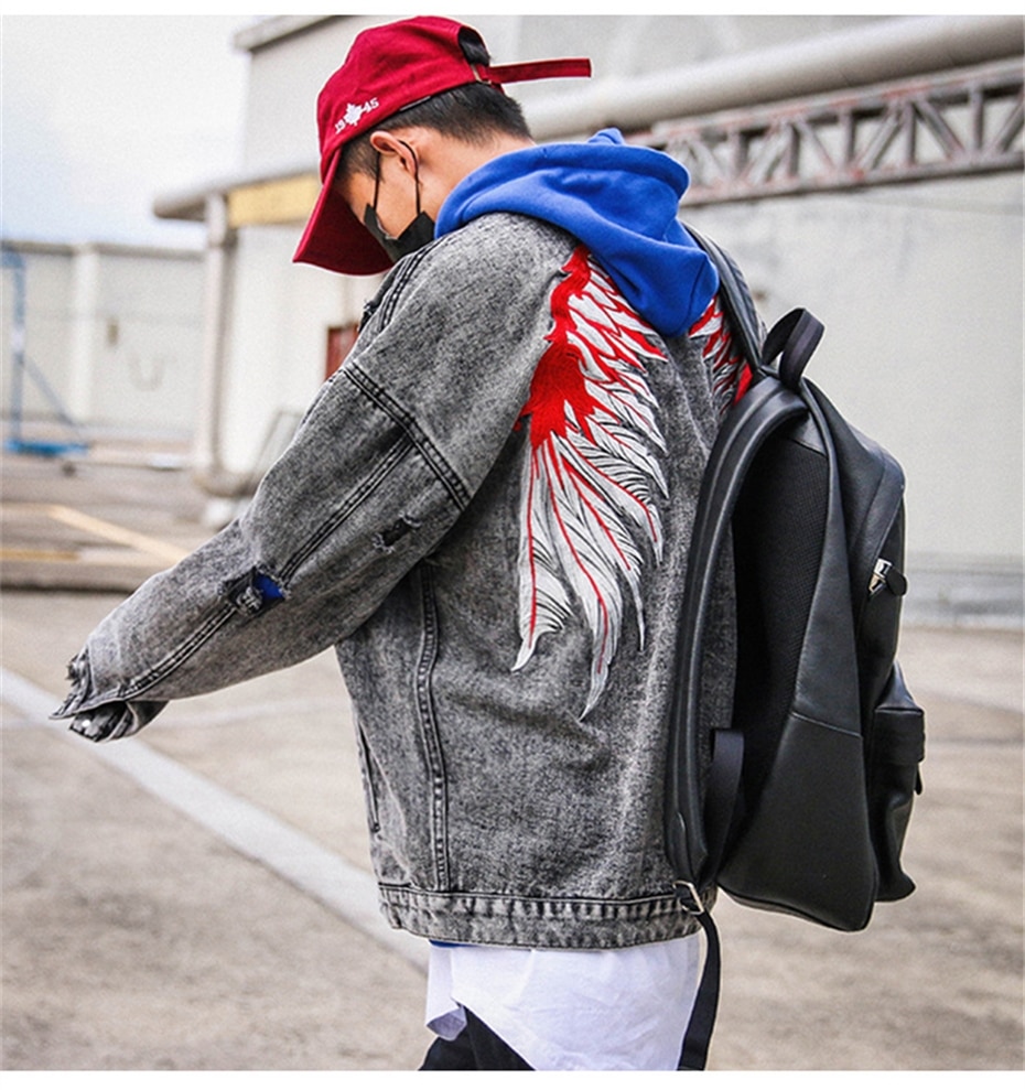 Men's Denim Jacket with Wings Embroidery