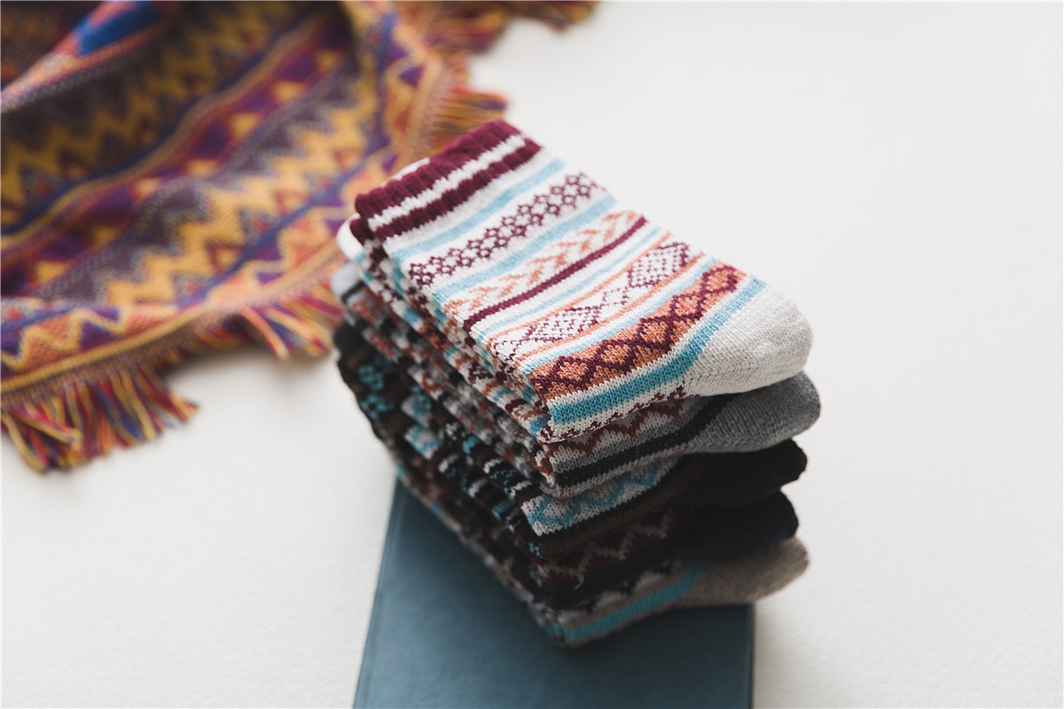 Men's Scandinavian Print Wool Socks 5 Pairs Set
