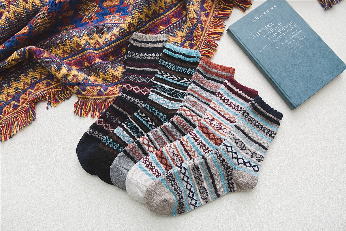 Men's Scandinavian Print Wool Socks 5 Pairs Set