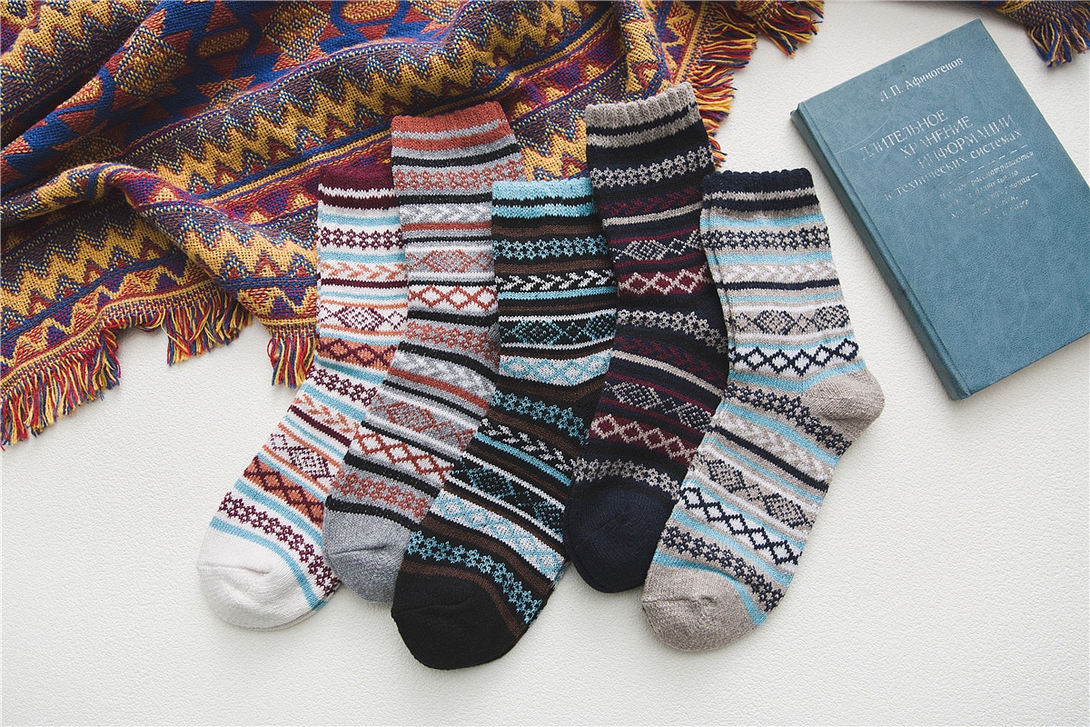 Men's Scandinavian Print Wool Socks 5 Pairs Set