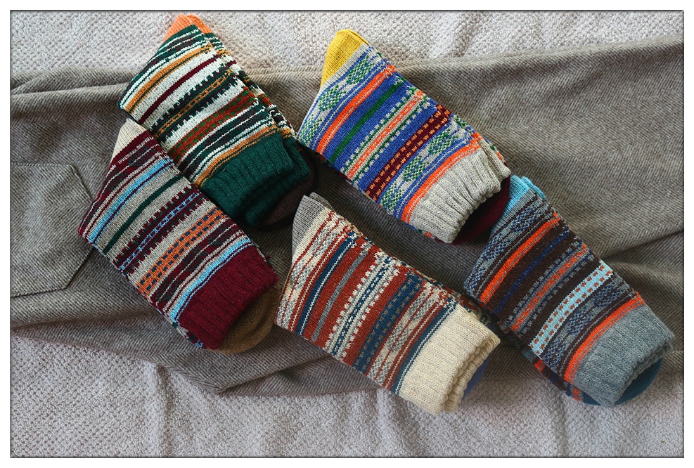 Men's Rustic Style Striped Wool Socks 5 Pair Set