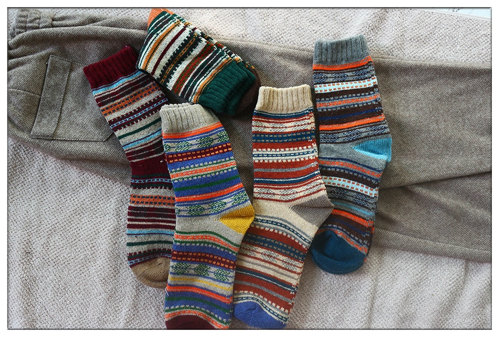 Men's Rustic Style Striped Wool Socks 5 Pair Set