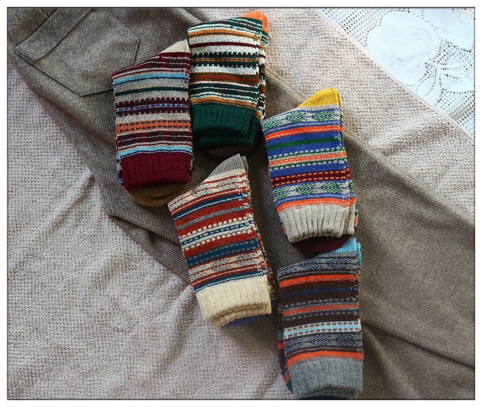 Men's Rustic Style Striped Wool Socks 5 Pair Set