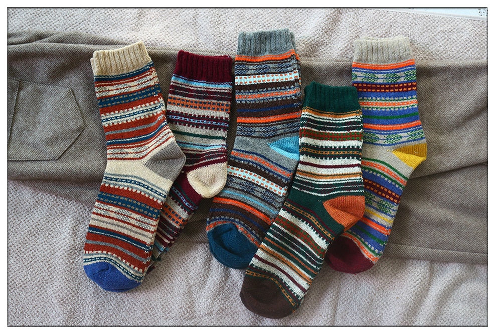 Men's Rustic Style Striped Wool Socks 5 Pair Set