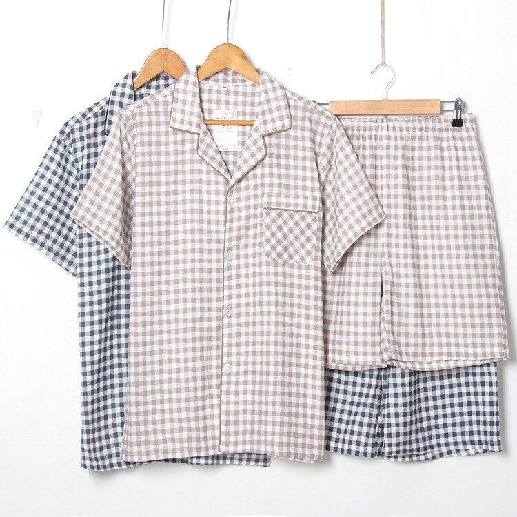 Men's Short Sleeved Summer Plaid Cotton Pajama Set